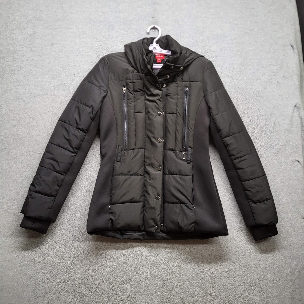 GUESS Women Jacket M Black Puffer Logo Zipper Button Long Sleeve